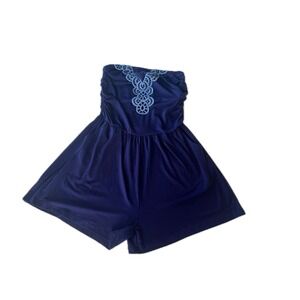 NWT Upcycled Women Strapless Romper Navy Blue Crochet Lace Trim Tube Top XL